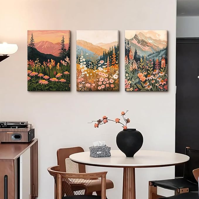 KBKBART Boho Colorful Landscape wall art Set of 3, Wildflower Mountain Wall - Image 5