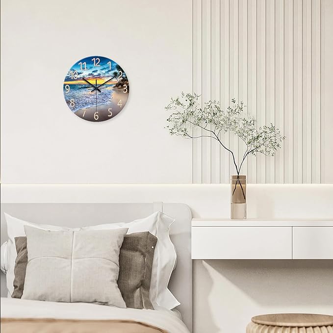Palm Tree Clocks Battery Operated 12 Inch Glass Blue Wall Clock Non Ticking - Image 2
