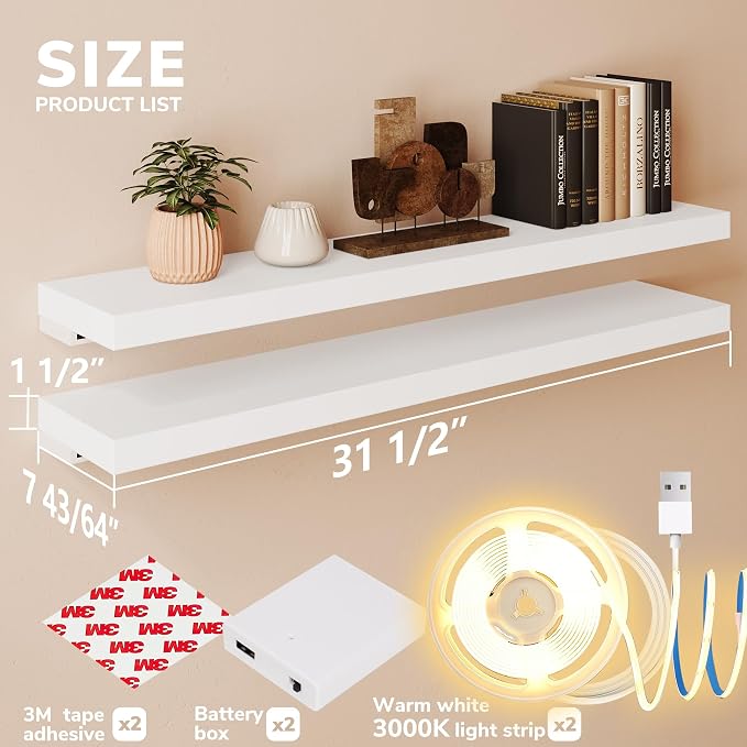 BAMEOS Floating Shelves with LED Lights, Hanging Wall Shelves - Image 2