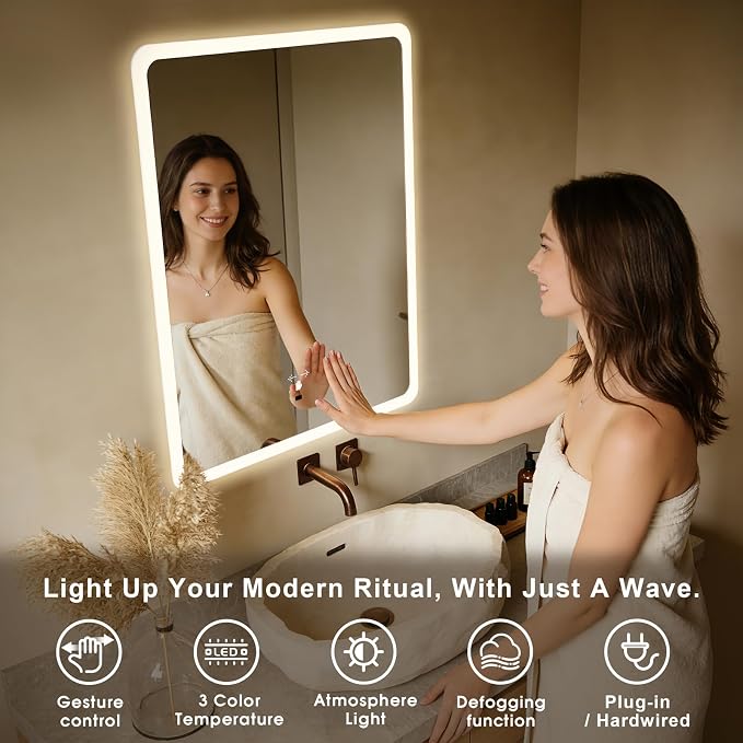 WARM&LOVE 16 x 24 Inch LED Bathroom Mirror, Hand Scan Sensor Anti-Fog Bathroom - Image 2