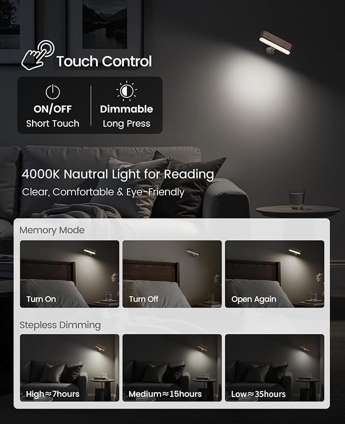 Wood LED Wall Sconce Magnetic 360°Rotate Wall Mounted Lamp Brightness - Image 2