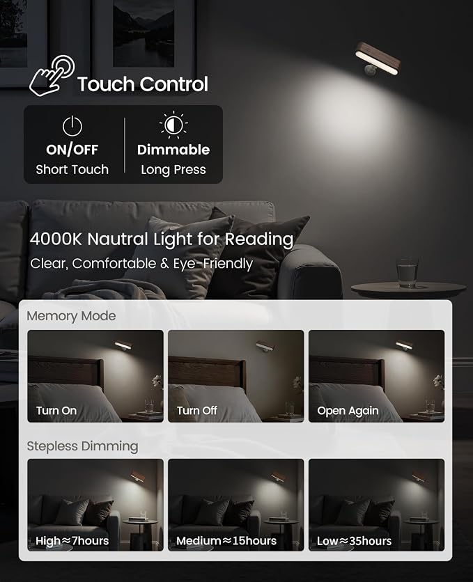 Wood LED Wall Sconce Magnetic 360°Rotate Mounted Mini Lamp Brightness - Image 2