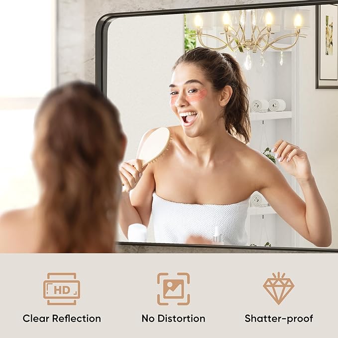 DUMOS Black Metal Framed Vanity Rounded Rectangle Bathroom Mirrors - Image 2