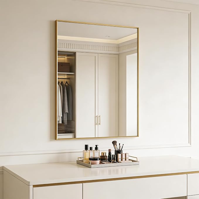 Bathroom Mirror for Wall, 30x40 Inch Metal Framed Mirror, Brushed Gold - Image 3