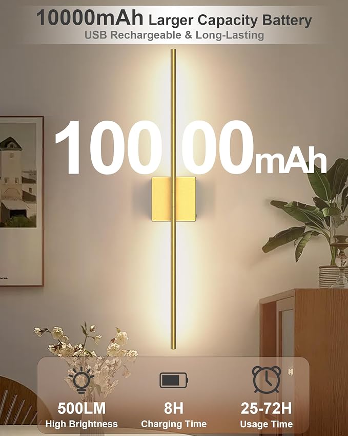 Battery Powered Wall Sconce Set of Two: Gold Wireless Rechargeable Wall Lights - Image 3