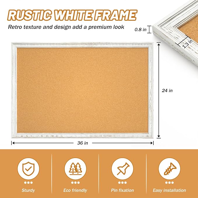 White Cork Board for Wall, 36 x 24 inches Decorative Bulletin Board, Rustic - Image 3