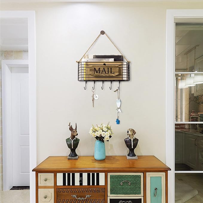 SRIWATANA Mail Holder, Rustic Mail Organizer Wall Mount Hanging Mail Sorter - Image 2