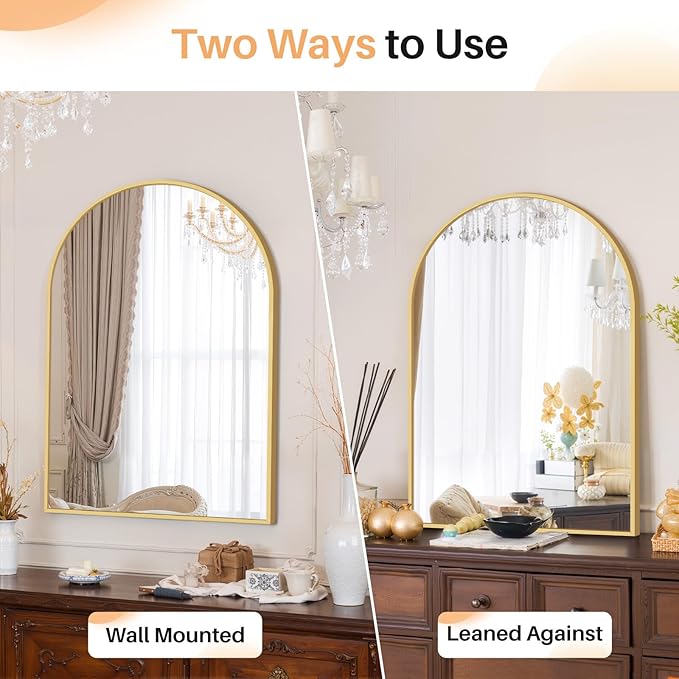 Bathroom Mirror for Wall, 30x20 Inch Arched Mirror, Matte Gold Metal Framed - Image 3