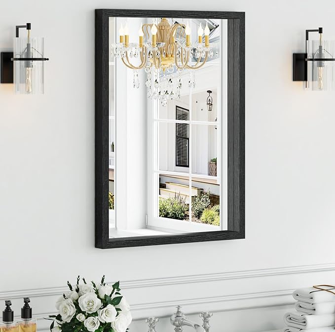 Syndra Black Wood Frame Bathroom Mirror, Waterproof Slim Deep Frame, by Syndra