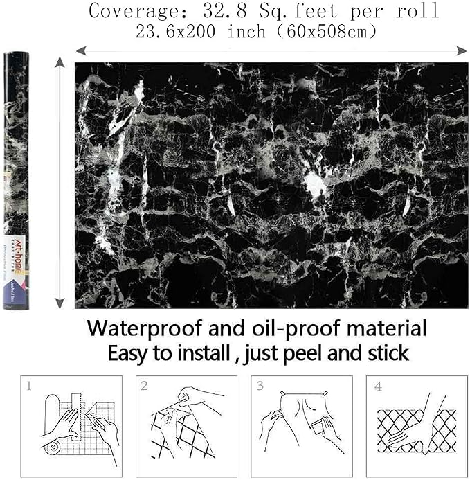 Arthome Black Marble Contact Paper, Peel and Stick Black Silver Paper, Self - Image 7