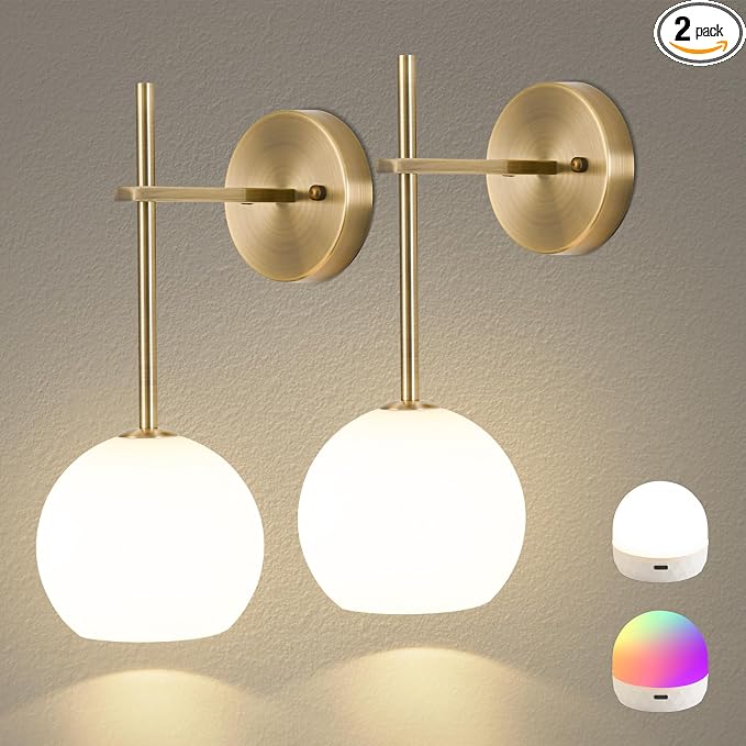 Brass Battery Operated Wall Sconces Set of 2, Rechargeable Wireless Wall Lights by KeepShinning