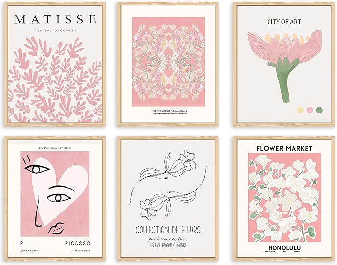 QIAOMICS Pink Flower Market Wall Art Prints, Cute Matisse Wall Decor Aesthetic by QIAOMICS