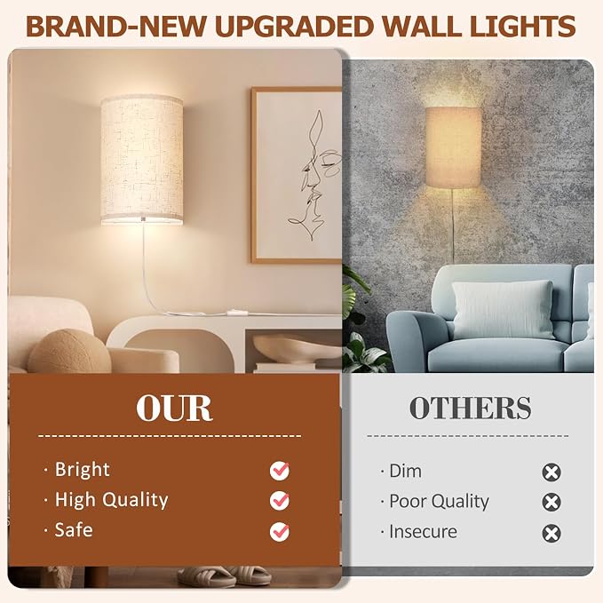 OCATO Plug in Wall Sconces Set of Two: Wall Light Wall Lamp - Image 6
