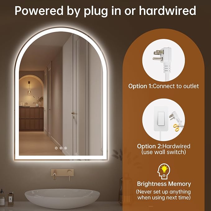 Arched Bathroom Mirror with Lights 28"x40"- Frameless LED Mirror - Image 6