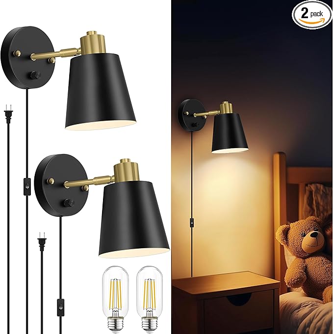 Lomoky Plug in Wall Sconces Set of 2, Dimmable Wall Lights by Lomoky
