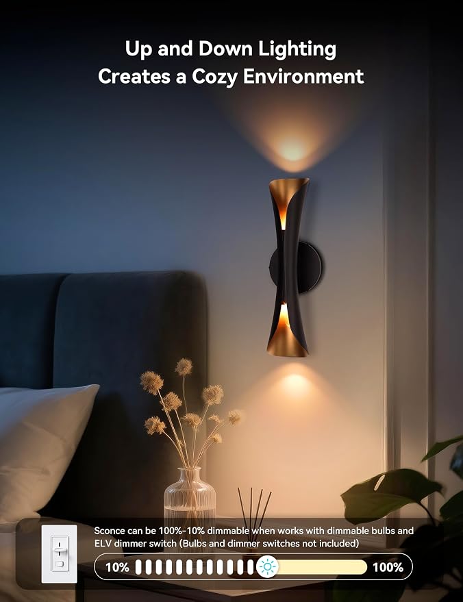 Tubicen Wall Sconces Up and Down Dimmable Black and Gold Movie Theater Sconce - Image 5