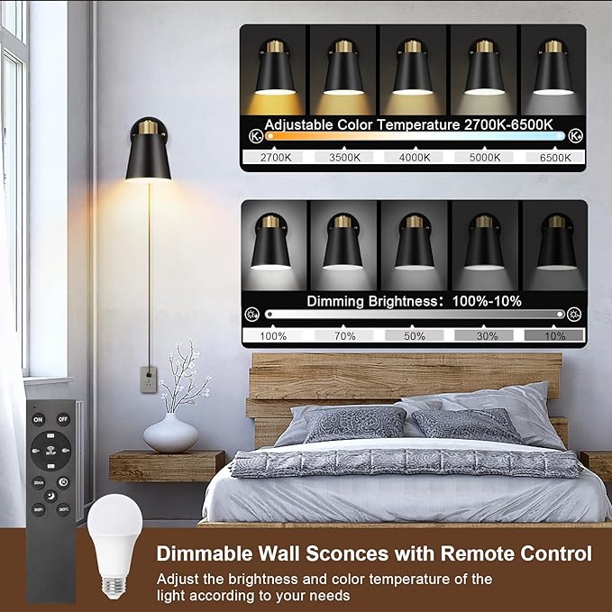 VATONI Wall Sconce Plug in, Remote Control Dimmable Wall Sconces and Adjustable - Image 3