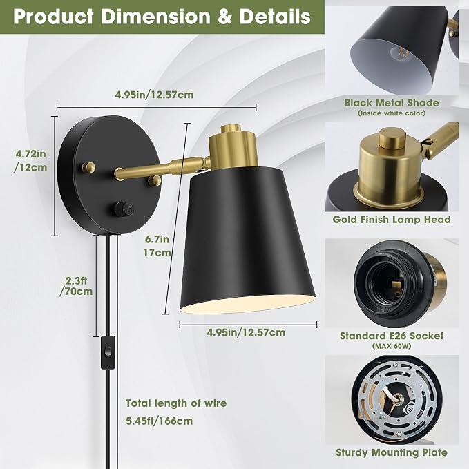 Lomoky Plug in Wall Sconces Set of 2, Dimmable Wall Lights - Image 2