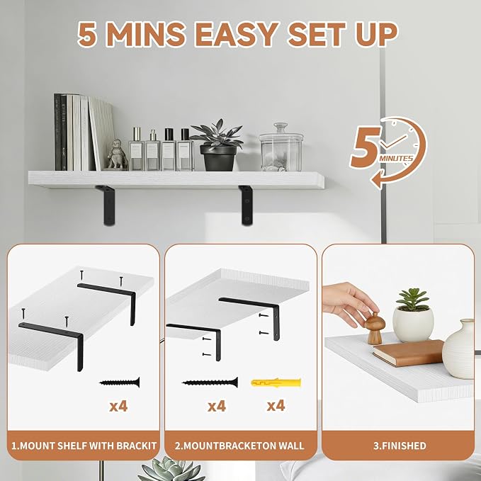 Easy Install Floating Shelves, 15.7 Inch Wall Mounted Wood Shelf, Hanging Shelf - Image 2