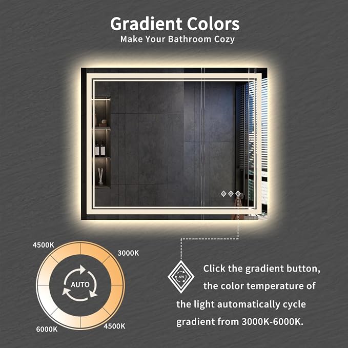 LED Mirror, 44x36 Inch Gradient Front and Backlit Lighted Mirror, 3 Colors - Image 3