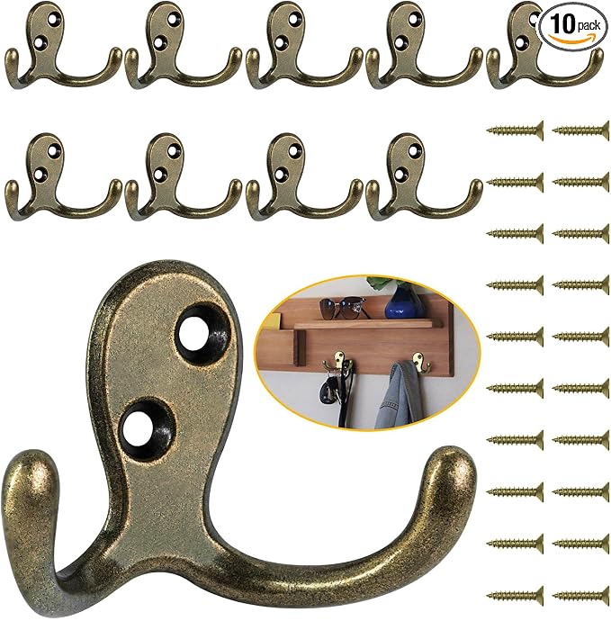 Homanu 10 Pack Coat Hooks, Heavy Duty Double Prong Coat Hooks Wall Mounted by Homanu
