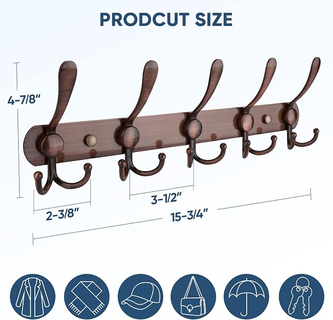 TICONN Wall Mounted Coat Rack, Five Heavy Duty Tri Hooks All Metal Construction - Image 2
