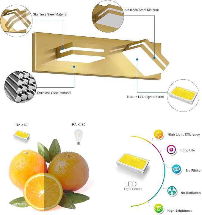 SineRise LED Modern Bathroom Vanity Light Fixtures, Brass Modern Acrylic - Image 2