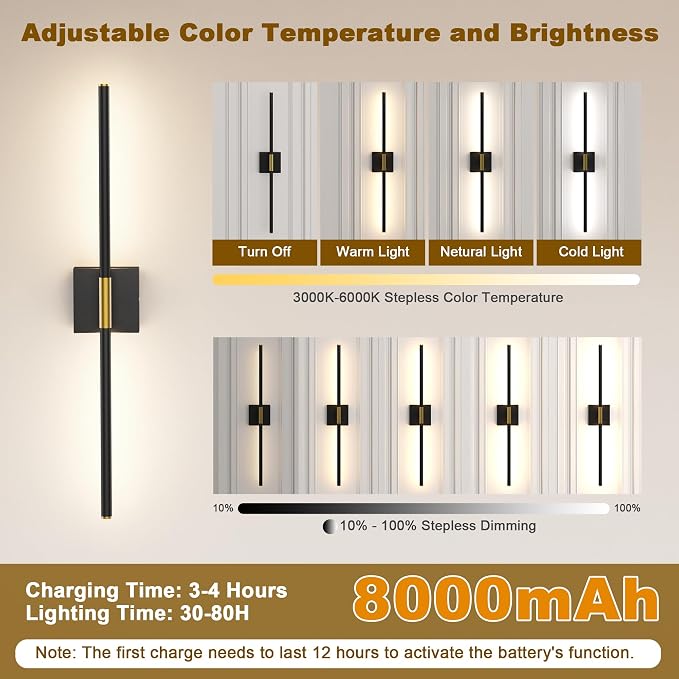 31.5 Inch Battery Operated Wall Sconce Set of Two, 8000mAh USB Rechargeable - Image 3