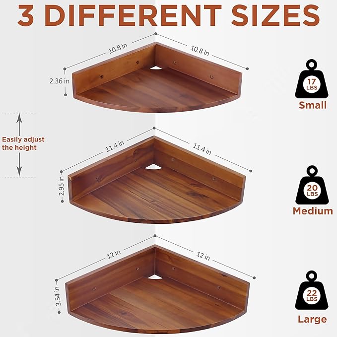 Demigo Corner Shelf Wall Mount Set of 3, Solid Acacia Wood Round Floating - Image 3
