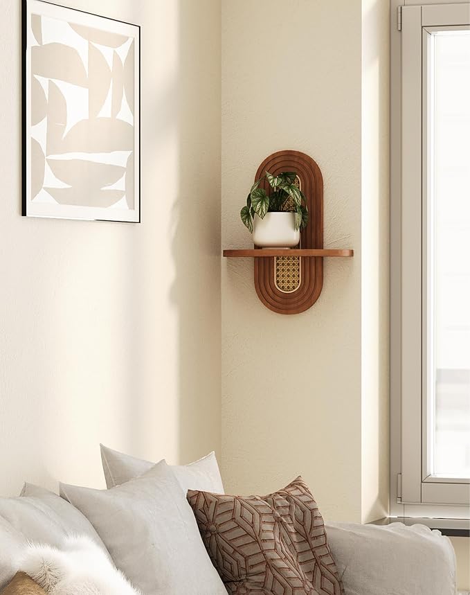 Floating Shelves for Wall, Boho Home Wall Decor, Rattan Plant Shelf Set of 2 - Image 4