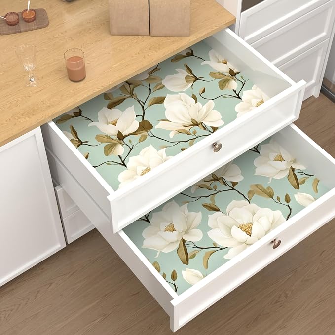 Modern Green White Flowers Wallpaper Blue Floral Peel and Stick Contact Paper - Image 6