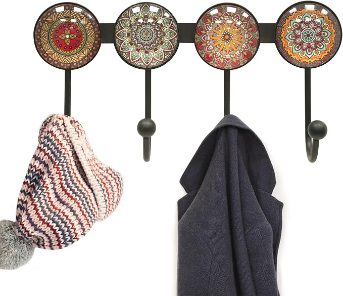 Coat Rack Wall Mounted with 4 Hooks, Round Brown Pattern Decorative Wall Hooks - Image 7