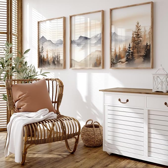 Neutral Mountain Wall Art Decor Set of 3 Forest Canvas Wall Art Poster by Unknown