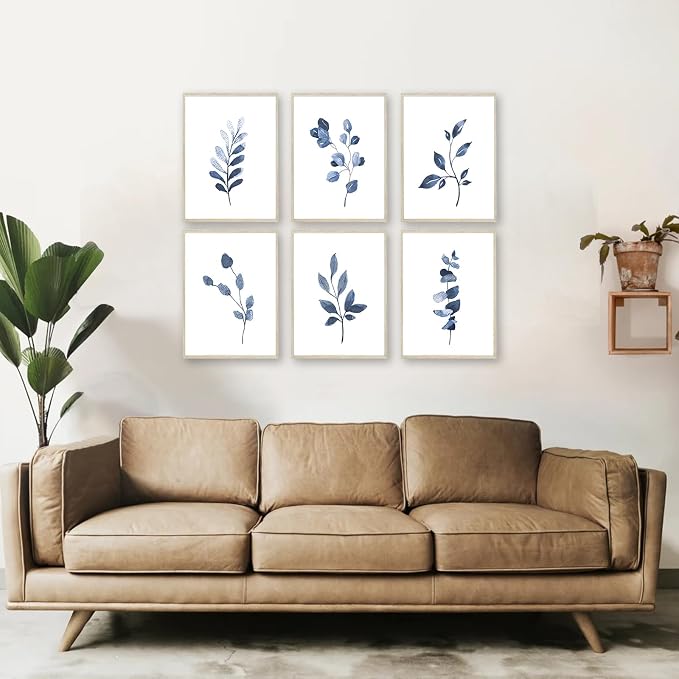 Navy Blue Botanical Wall Art Set of 6 Unframed, Minimalist Abstract Botanical - Image 2