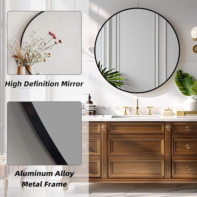 Black Round Mirror, 28 Inch Black Circle Mirror, Metal Frame Round Wall Mounted - Image 2