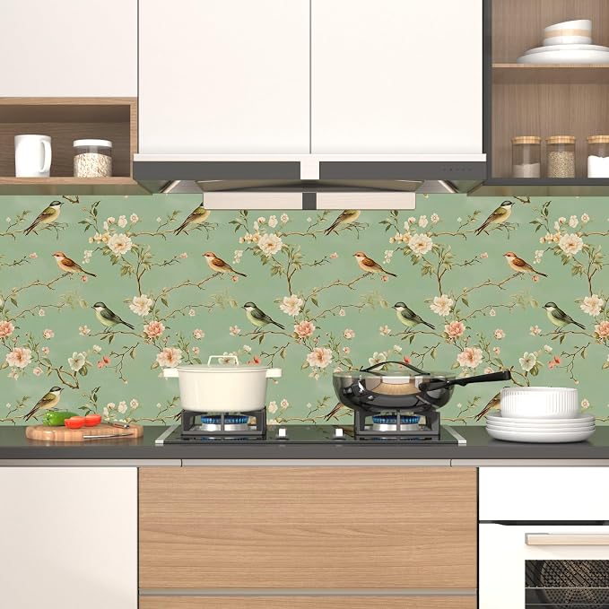 Laatse Green Floral Wallpaper Peel and Stick Bird Wallpaper Pink Flower Contact - Image 4