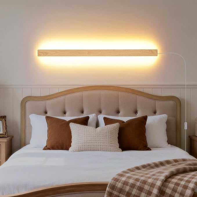 Modern Plug in Long Wall Sconce, 31.4 inch Faux Wood Texture Finish LED Wall by KELUOLY