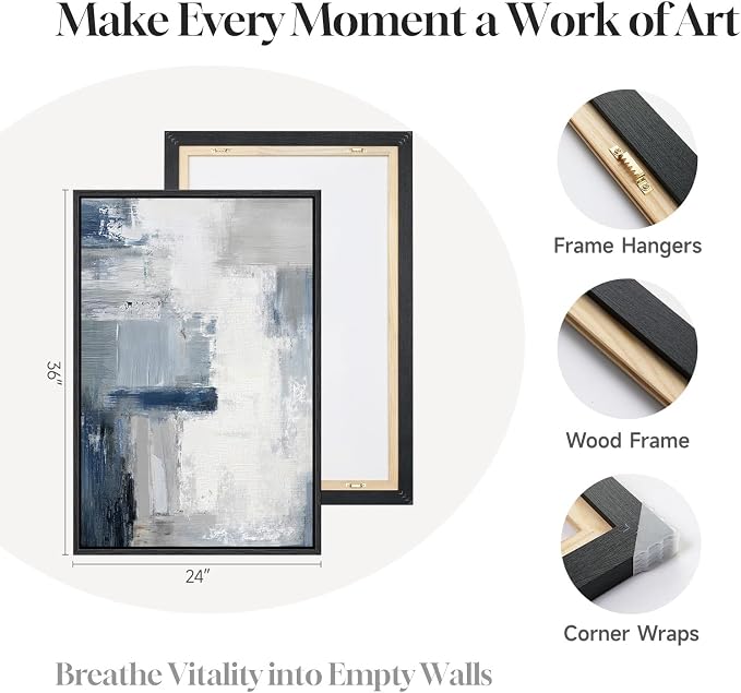 Large Framed Blue Gray Abstract Wall Art Set of 2, Modern Canvas Artwork - Image 6
