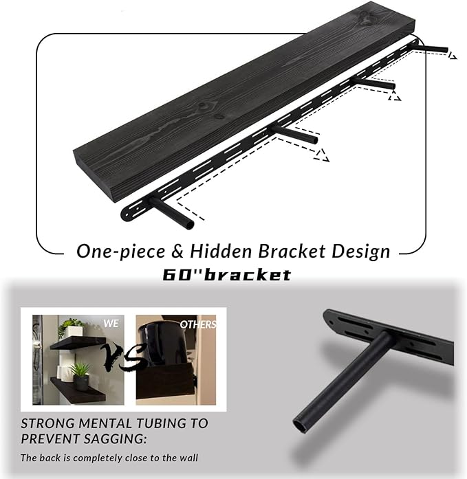 60 inch Black Floating Shelves for Wall 8 -inch deep Set of 2, Heavy Duty Solid - Image 5