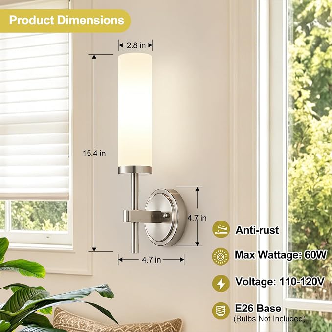 Wall Sconces Set of Two, Brushed Nickel Bathroom Sconces - Image 7