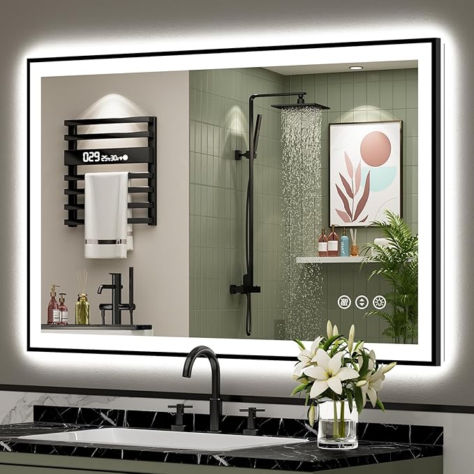 48x32 Black Framed LED Bathroom Mirror by Awandee
