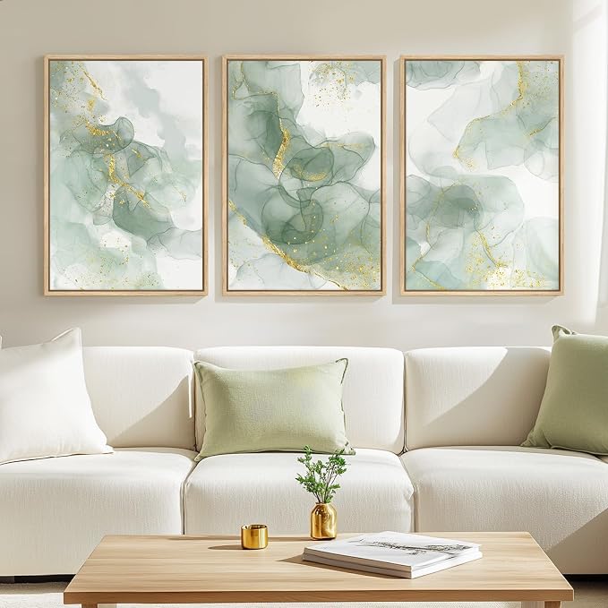 Large Framed Sage Green Abstract Wall Art, 3 Piece Modern Canvas Prints - Image 5