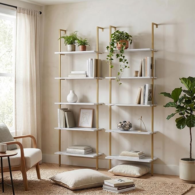aboxoo Ladder Shelf 2PCS White Marble Bookshelf 5-Tier Wall-Mounted Wood Rack - Image 2