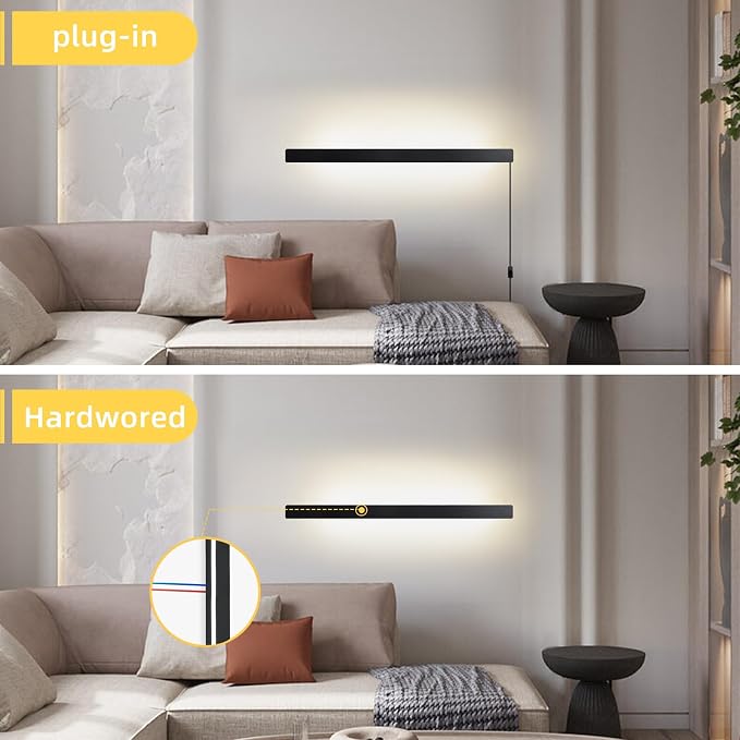 KELUOLY Modern Plug in Wall Lights, 31.4 inch Frosted Black LED Long Wall Sconce - Image 3