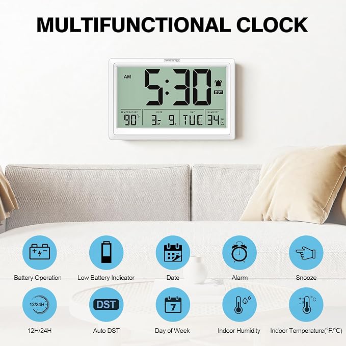 XREXS 10.4 Inch Digital Wall Clock, Battery Operated Large Display Clock - Image 2