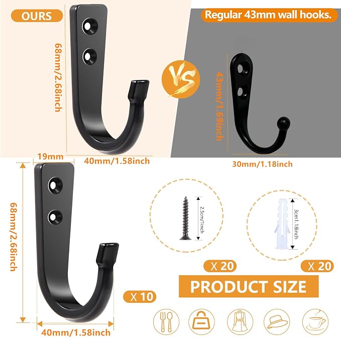 10Pcs Heavy Duty Wall Hooks for Hanging, Large Size Wall Hooks, Coat Hooks - Image 2