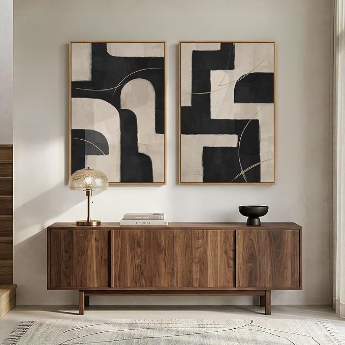 Large Framed Modern Neutral Abstract Wall Art, Geometric Pictures - Image 2