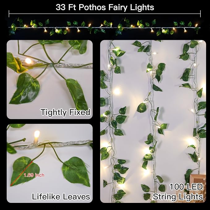 suddus Vine with Fairy Light Plug in, 33ft 100 LED Pothos String Lights - Image 4