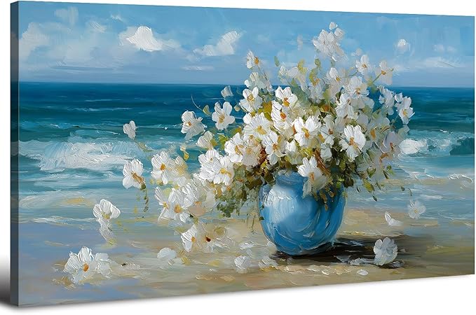 Vintage Flowers Canvas Wall Art White Blossom Painting Retro Flowers in Blue by HOME