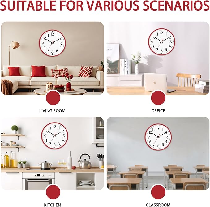 HZDHCLH Wall Clock Red, Silent Wall Clocks Battery Operated 8 Inch Modern Non - Image 5